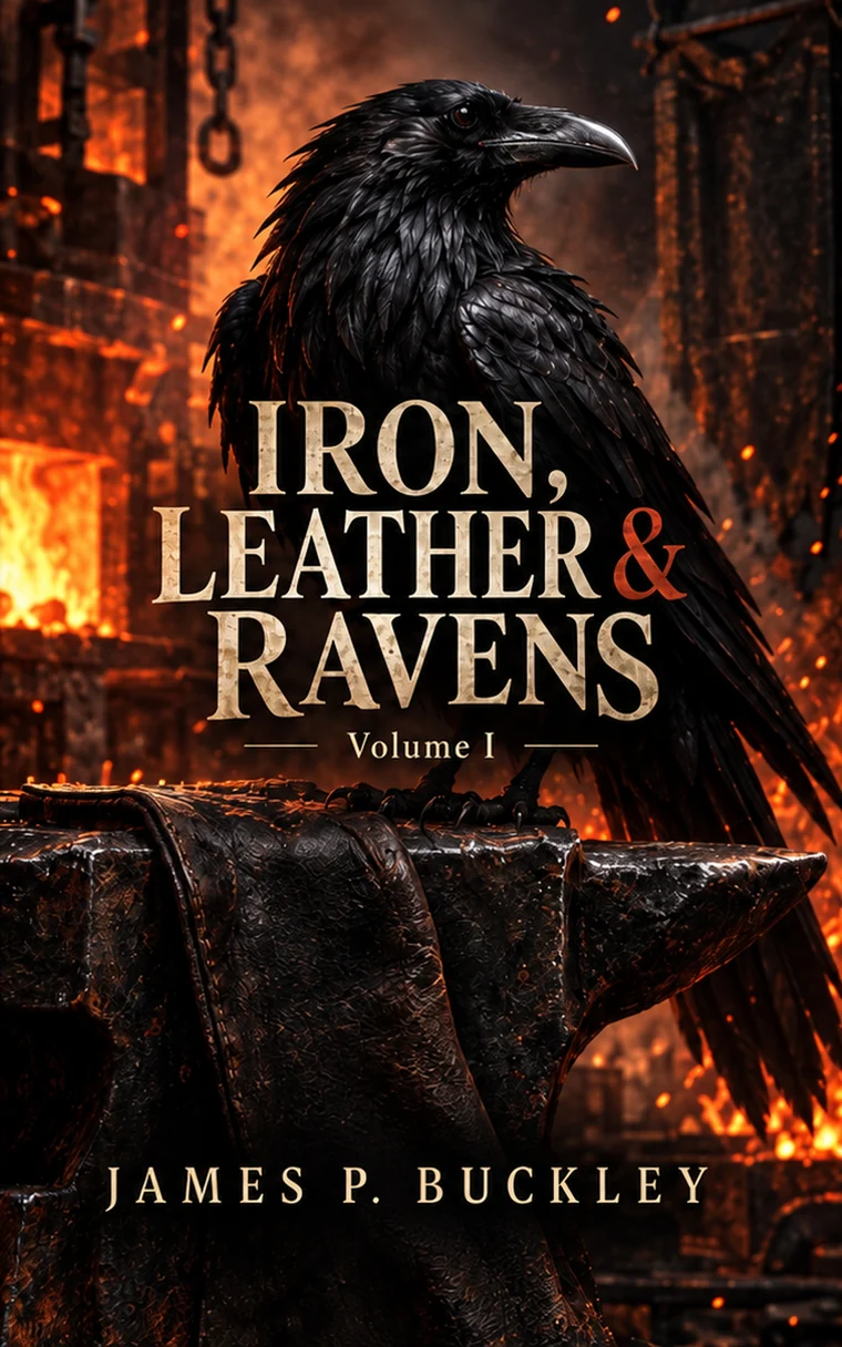 Iron, Leather & Ravens — Volume I book cover with a black raven above a fire-lit anvil
