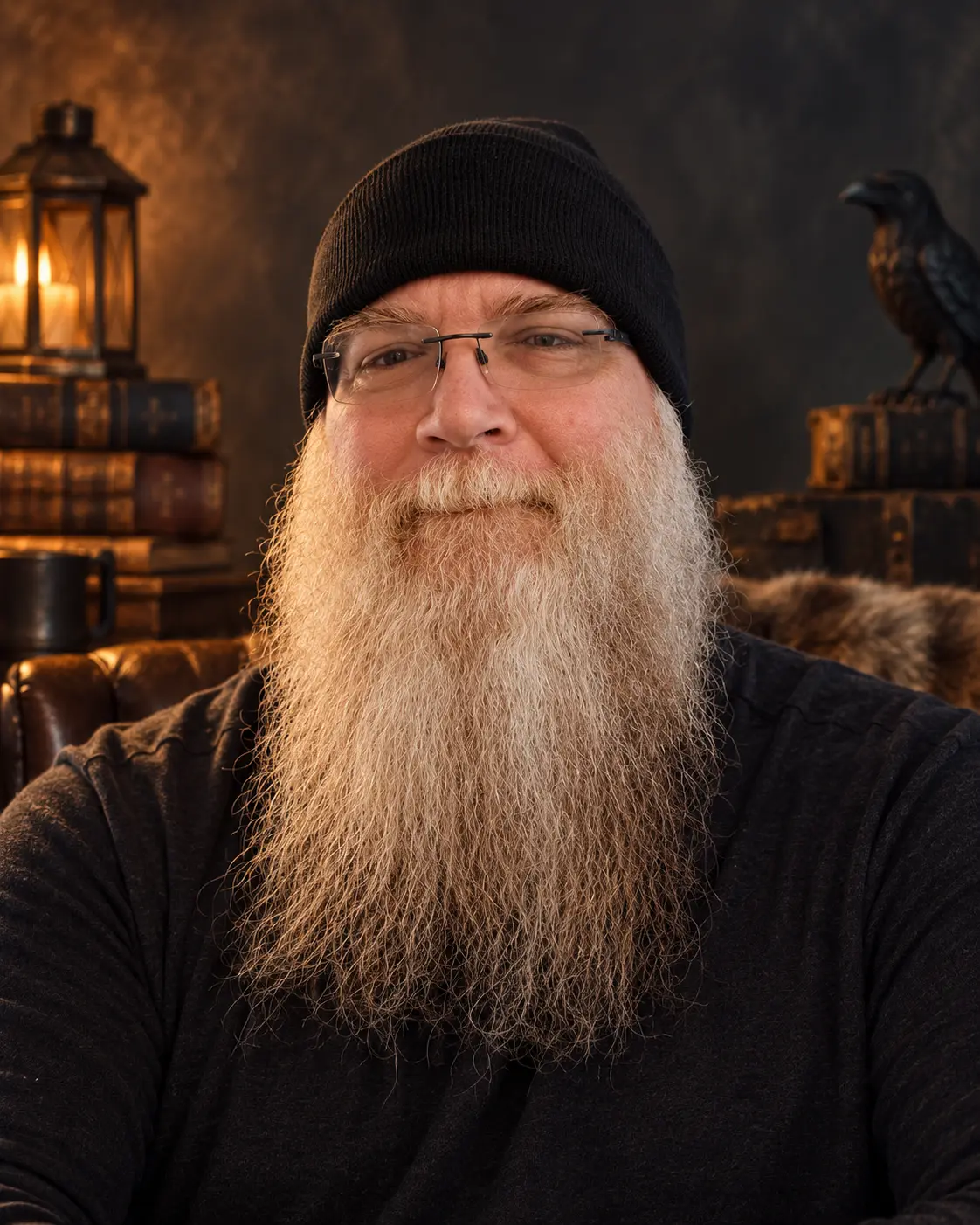 Portrait of author James P. Buckley with a raven and lantern