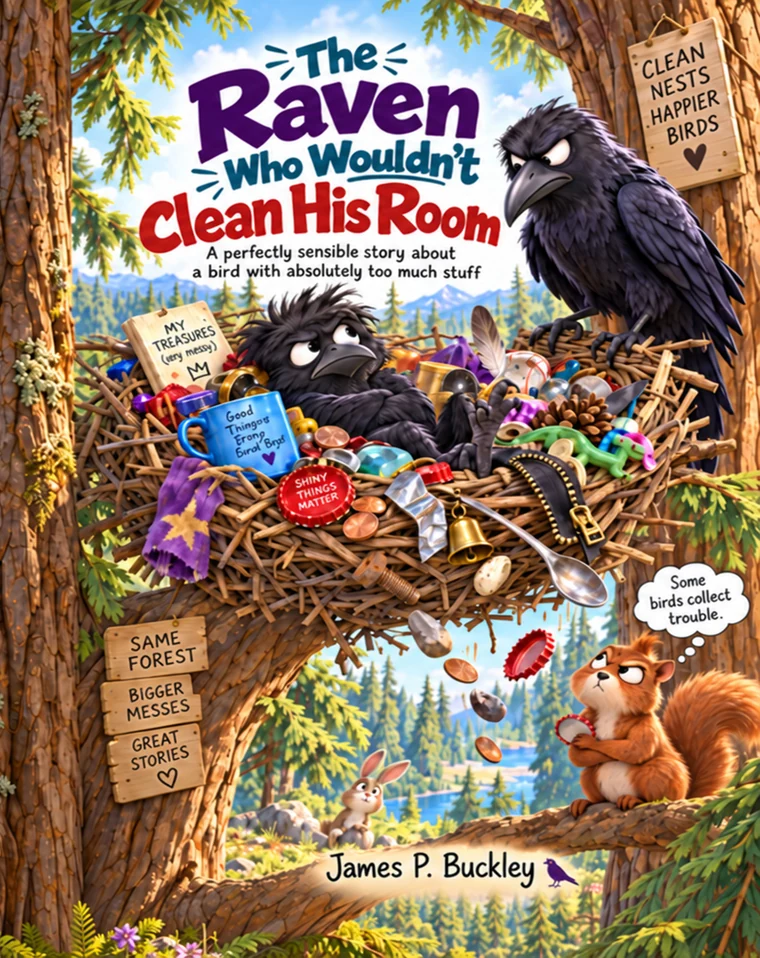 The Raven Who Wouldn't Clean His Room book cover, showing a messy bird nest