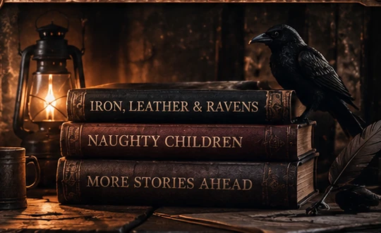 Raven perched beside leather-bound books and a glowing lantern